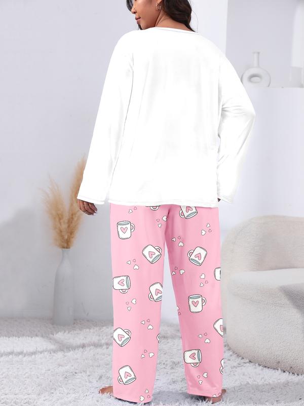 Plus Size Heart Coffee Letter Print Comfortable 2-Piece Pajama Set, Long Sleeve Top & Pants, Casual Fitted Sleepwear for All Seasons
