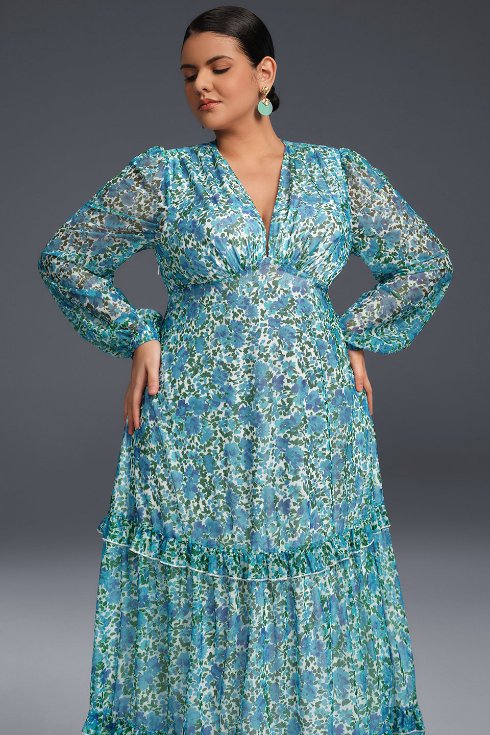 Curveins Plus Size Floral Print Lantern Sleeve Tiered Maxi Dress