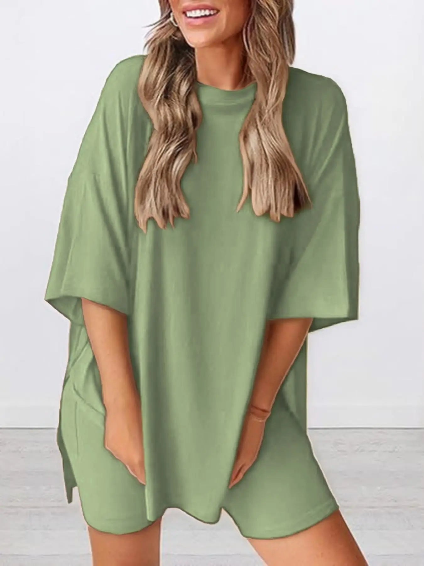 Women's Solid Color T-Shirt and Tight Shorts Set, Casual Summer Comfort Round Neck Sleepwear, Pocket Design, Outdoor Wear