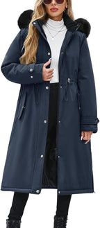 Women's Long Coats Winter Fleece Lined Warm Long Jackets for Women, Water Repellent Windproof Parka Coat Zip Up Button Drawstring Waist Overcoat with Pockets and Detachable Hood