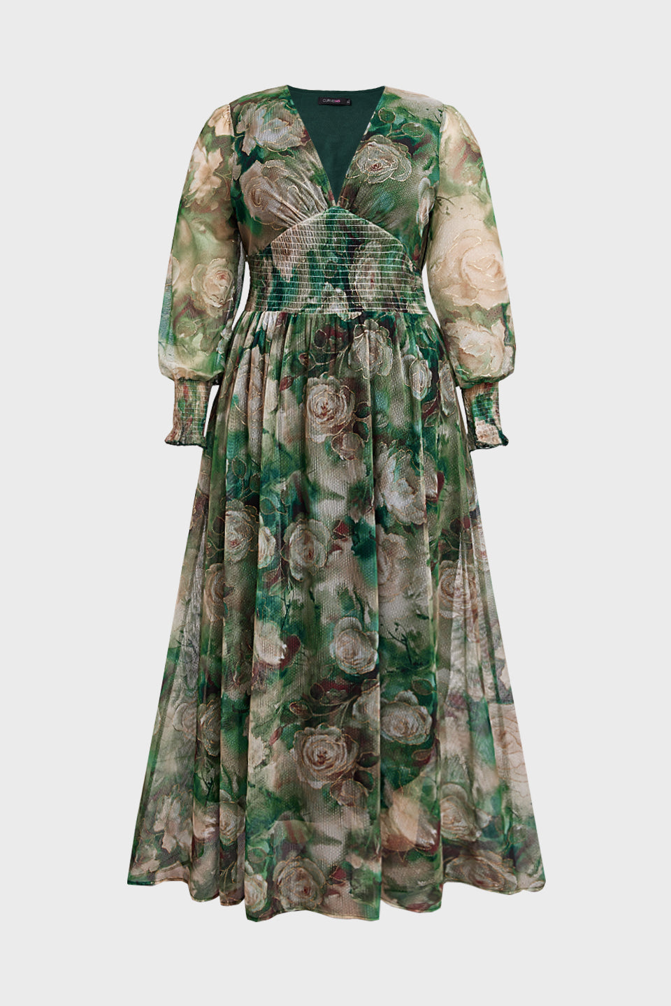 Curveins Plus Size V Neck Long Sleeve Floral Waist Maxi Dress