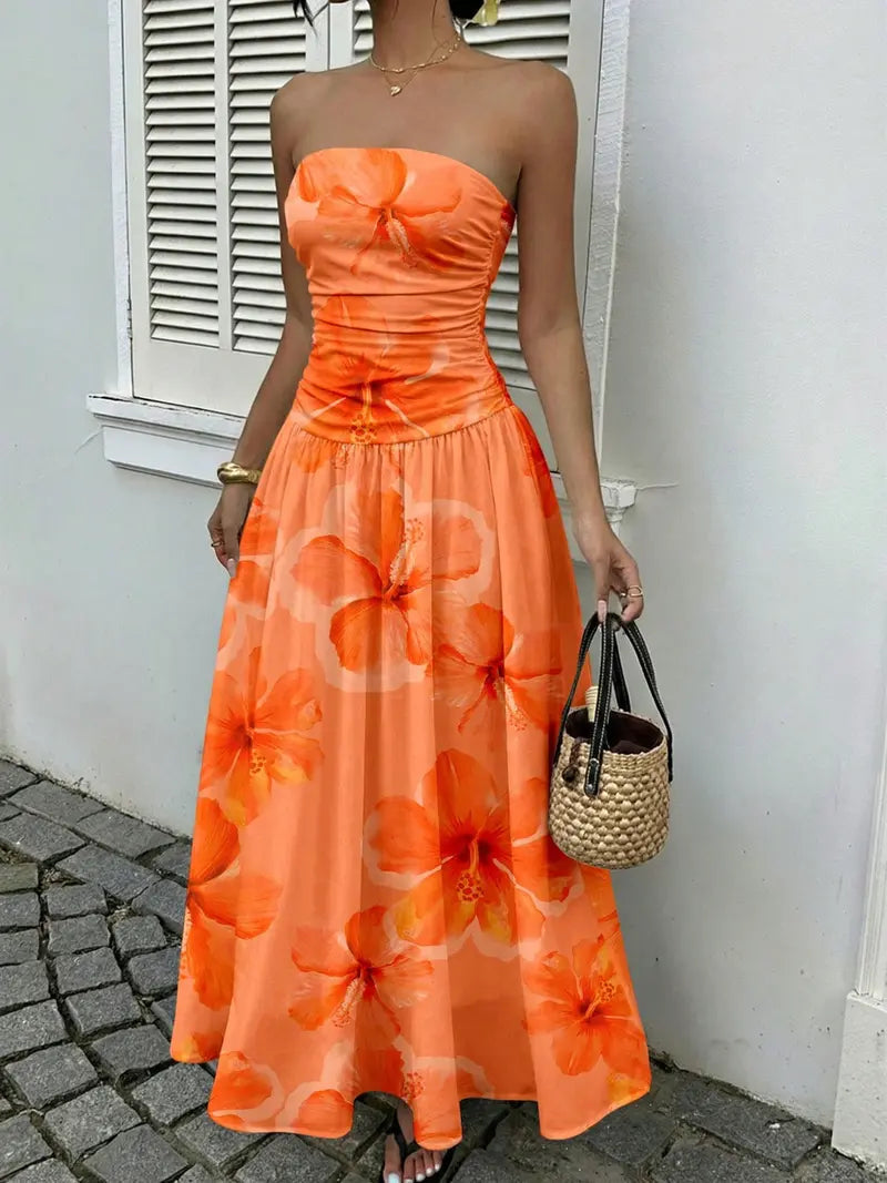 Women's Elegant Fashion Polka Dot Strapless Dress, Stylish Sleeveless Maxi Dress for Parties and Casual Wear Womenswear, Elegant Evening Dress