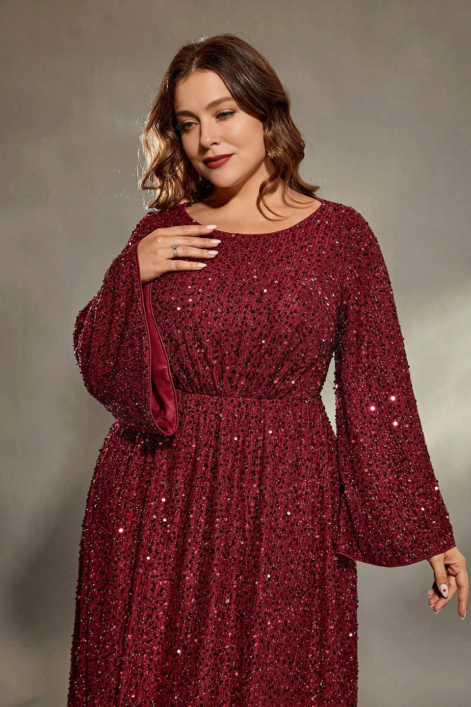 Curveins Plus Size Round Neck Long Sleeve Sequin Maxi Dress with Cinched Waist