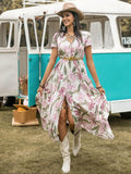 Women's Floral Print Button Front Shirred Bohemian Casual Wear Dress, Boho Pocket V Neck Short Sleeve A Line Dress, Women's Dress for Summer Beach Holiday Vacation, Casual Boho Chic
