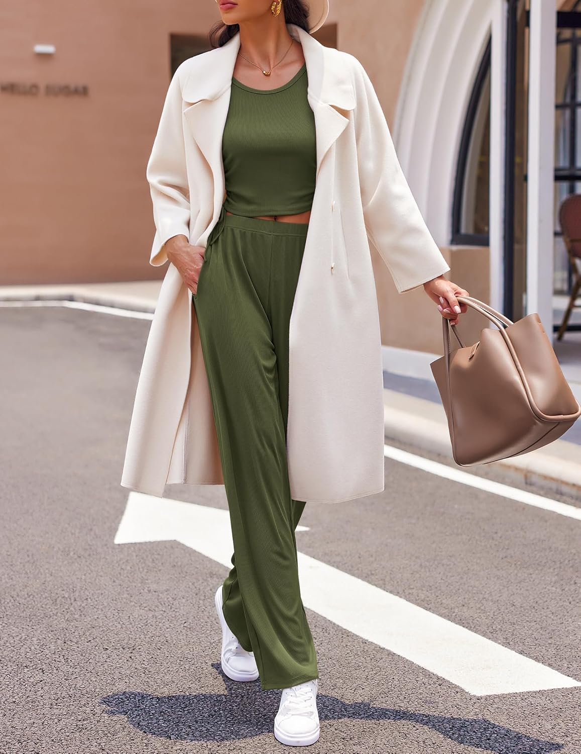Women's 3 Piece Lounge Set Pajama Long Sleeve Cardigan Sleeveless Top Pants Sweatsuit