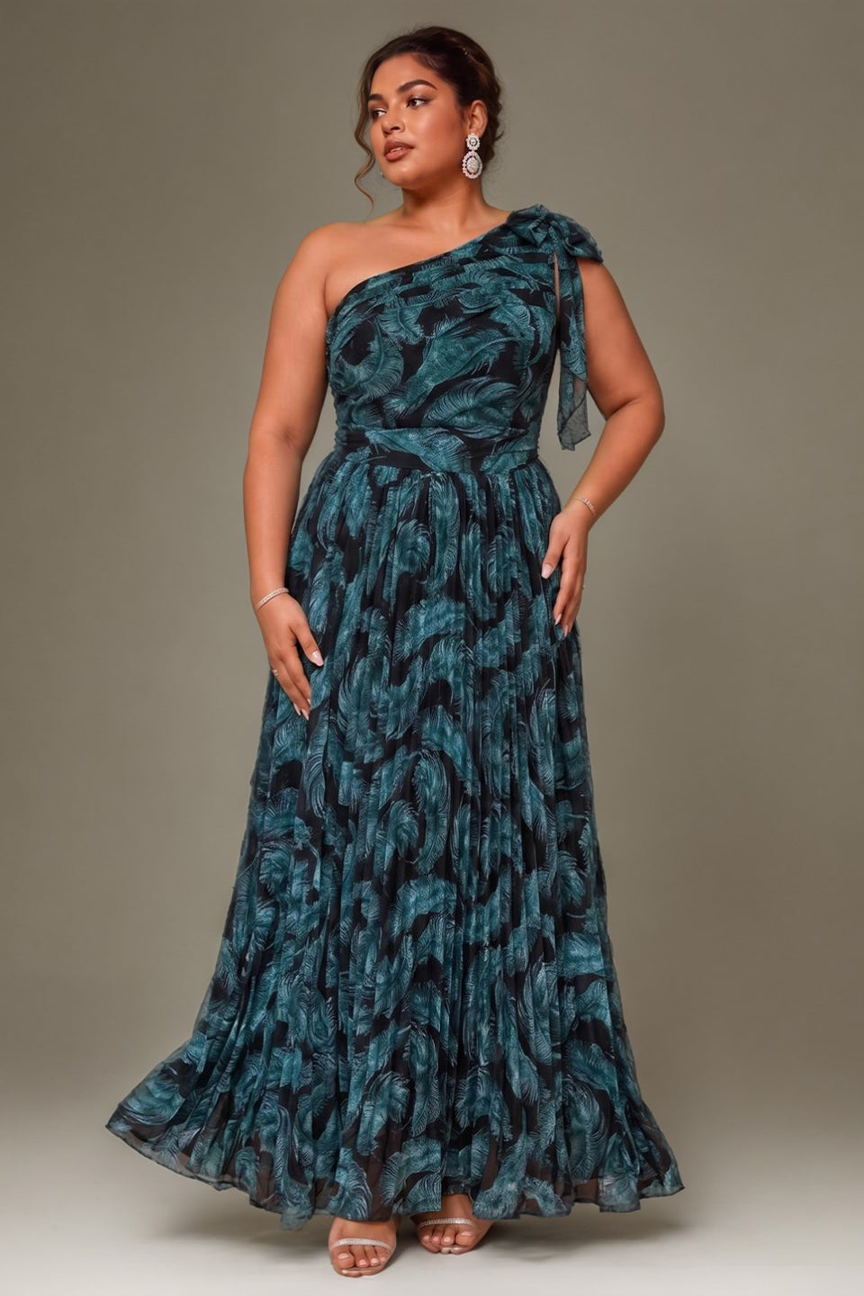 Curveins Plus Size One Shoulder Striped Cinched Waist Elegant Flowing Maxi Dress