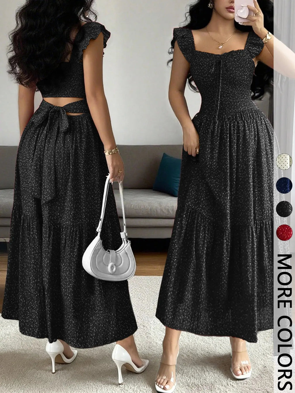 1 Piece Spring & Summer Ruffled Square Neck Polka Dot Maxi Dress
