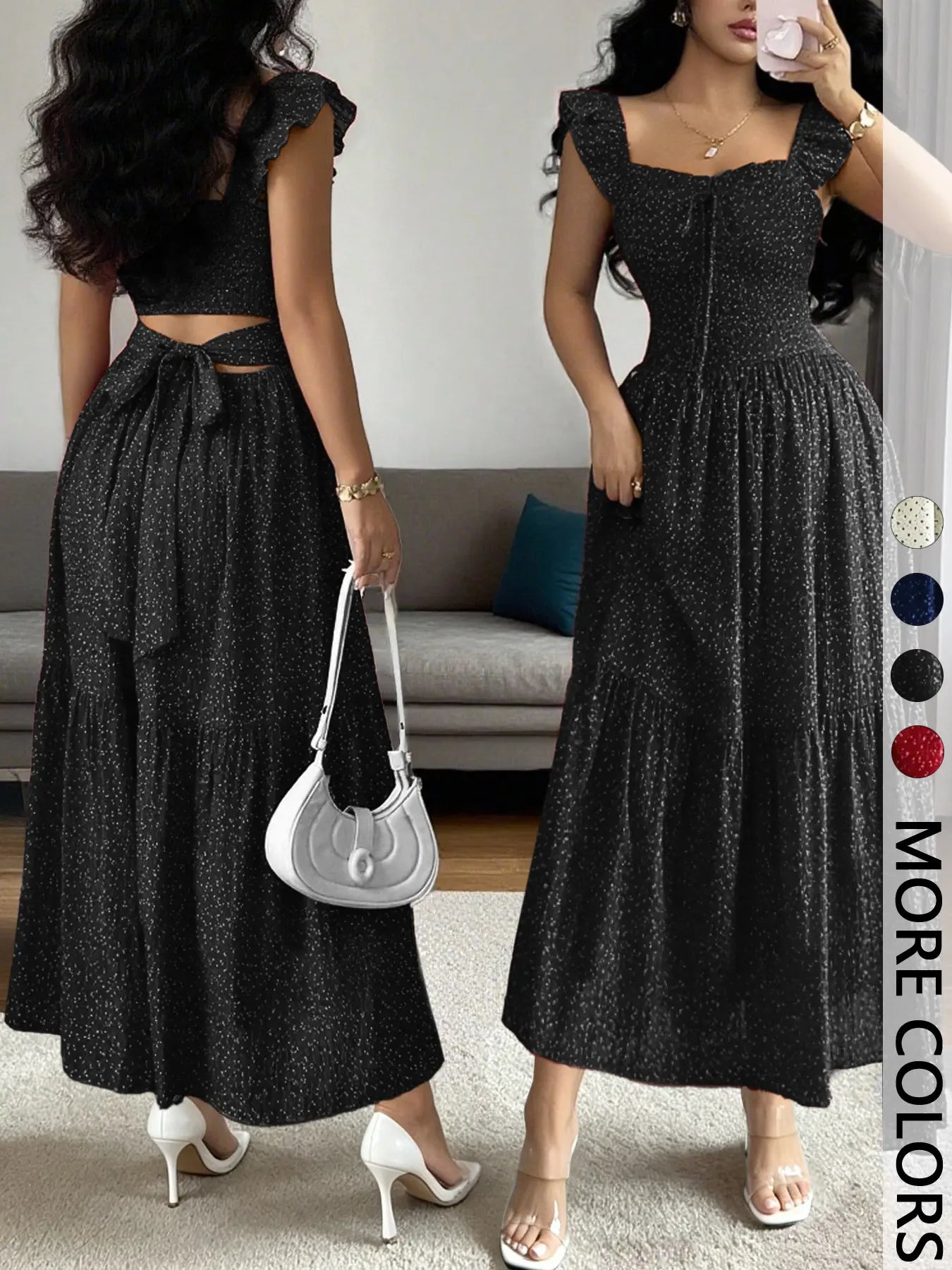 1 Piece Spring & Summer Ruffled Square Neck Polka Dot Maxi Dress