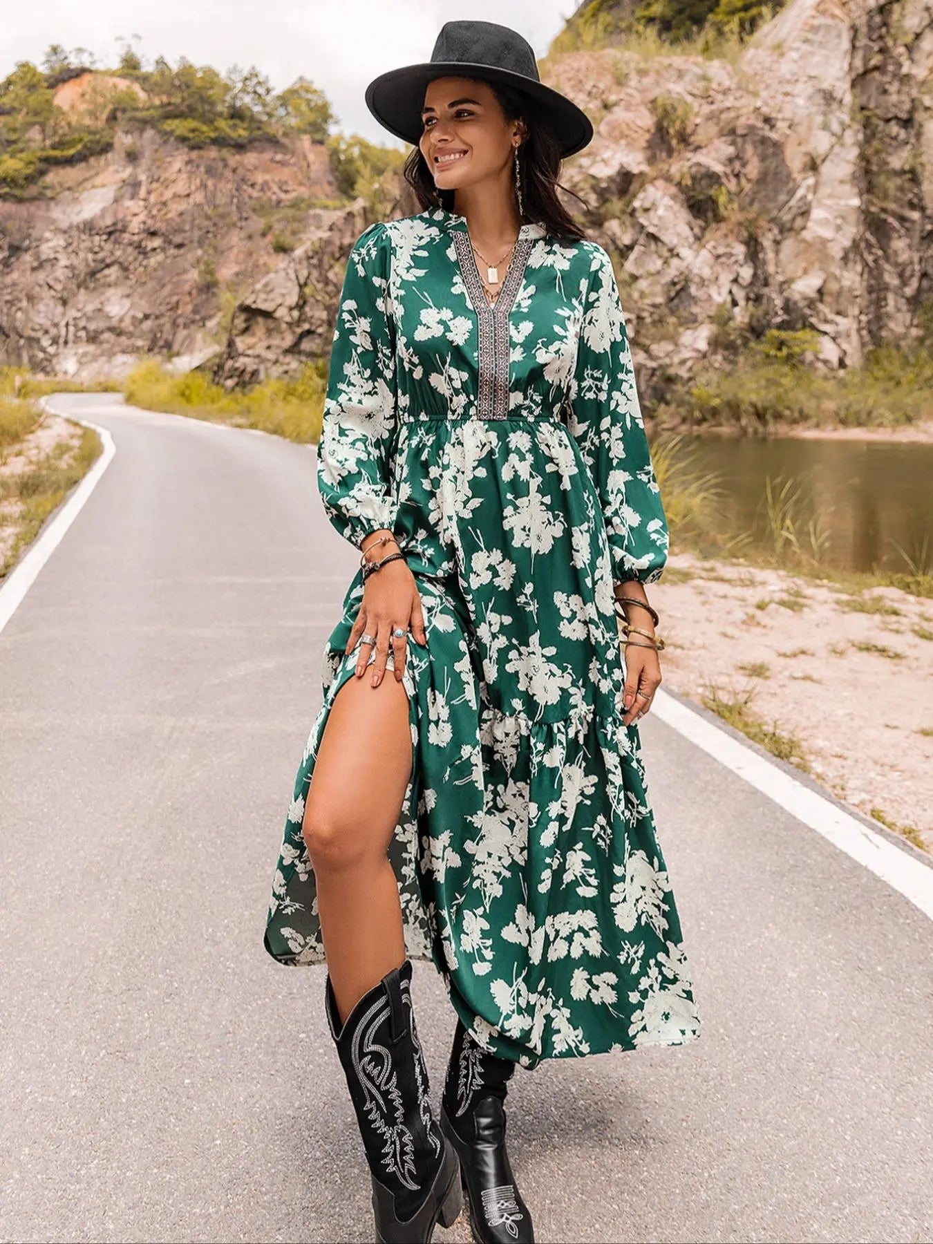 Women's Western Style Floral Print Embroidered Trim Bishop Long Sleeve Notched Neck A-line Long Vintage Dress, Dresses for Women