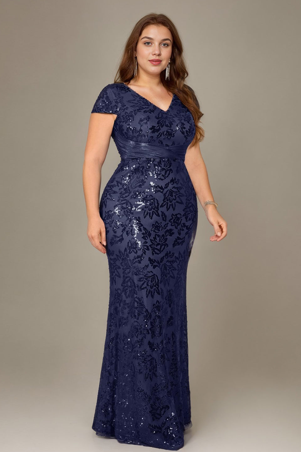 Curveins Plus Size V Neck Ruched Cross Front Sequin Mermaid Bodycon Maxi Dress
