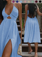 Summer New Sexy Wrap Top V-Neck Dress, Loose Beach Style Split Skirt, Women's Fashionable Long Dress, Perfect for Vacation