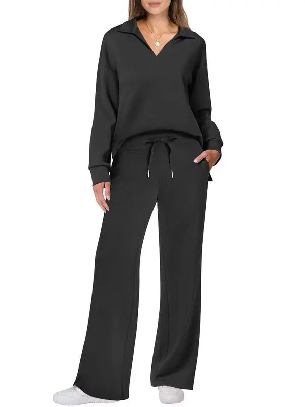 Women's Long Sleeve Drawstring Pants Set, Casual Fall Winter, Fashionable Pure Color Commuter Wear, Style