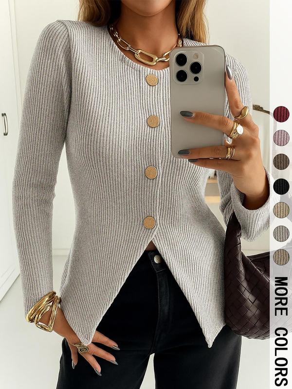 Women's Casual Elegant Ribbed Knit Button Long Sleeve Top, Fitted Plain Design, All Season Wear, Moderate Fabric Thickness