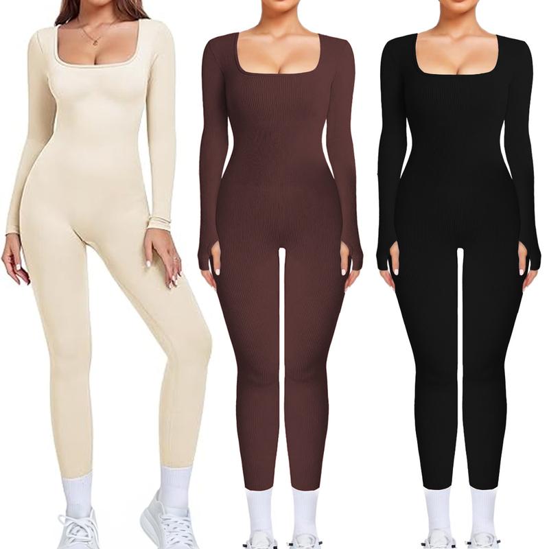 Womenswear Workout Solid Color U Neck Seamless Long Sleeve Yoga Jumpsuit,Jumpsuit for Daily Outdoor Wear,Plain Thumb Holes Sportswear
