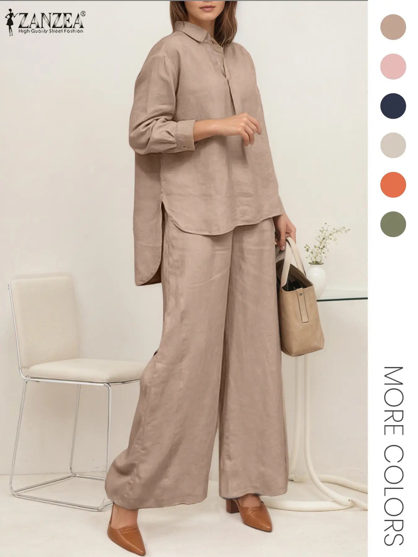 Two-piece Set Women's Solid Color Top & Wide Leg Pants, Casual Long Sleeve Top & Pants for Daily Wear, Ladies Clothes for All Seasons