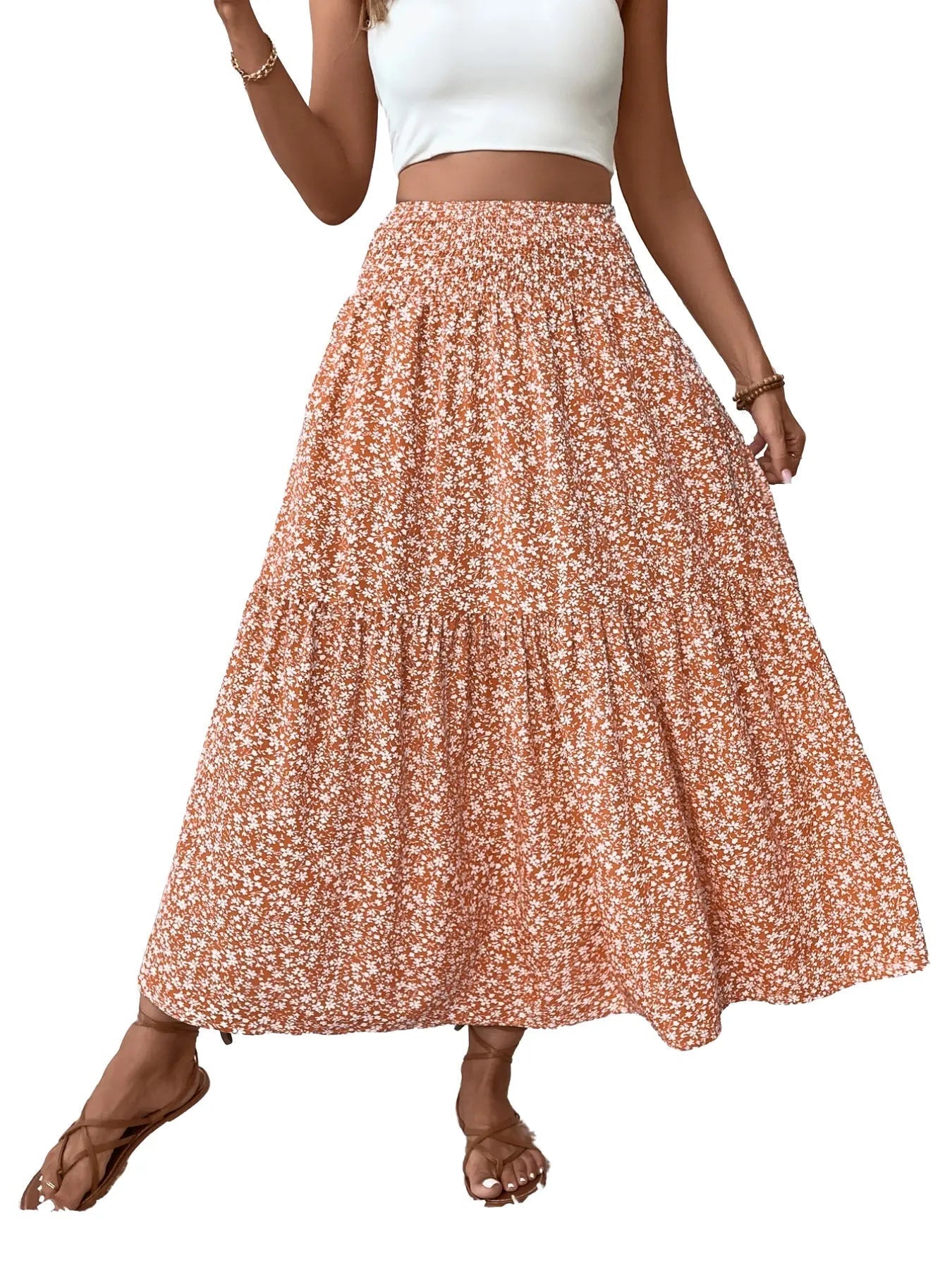 Women's Floral Casual A-Line Skirt, Elastic Waist Pockets, Leaf Hem, Long Fitted Skirt, Fashionable Mid-Length Dress