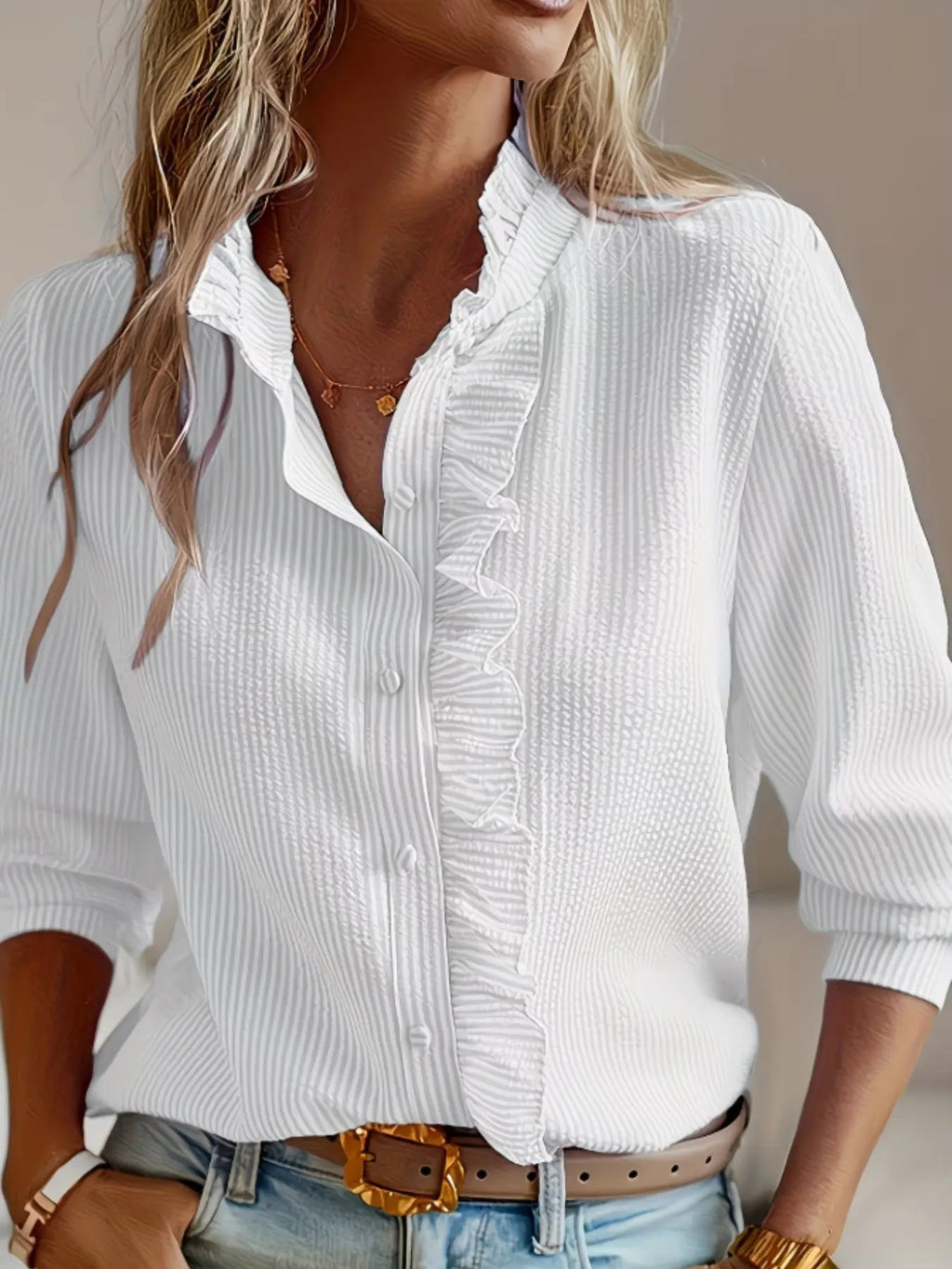 Women's Plain Ruffle Trim Button Front Fitted Woven Fabric Shirts, Blouse, Elegant Chic Casual Bishop Sleeve Long Sleeve Frill Trim Top for Daily Wear, Ladies Clothes for All Seasons, Womenswear