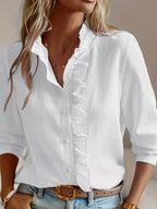 Women's Plain Ruffle Trim Button Front Fitted Woven Fabric Shirts, Blouse, Elegant Chic Casual Bishop Sleeve Long Sleeve Frill Trim Top for Daily Wear, Ladies Clothes for All Seasons, Womenswear