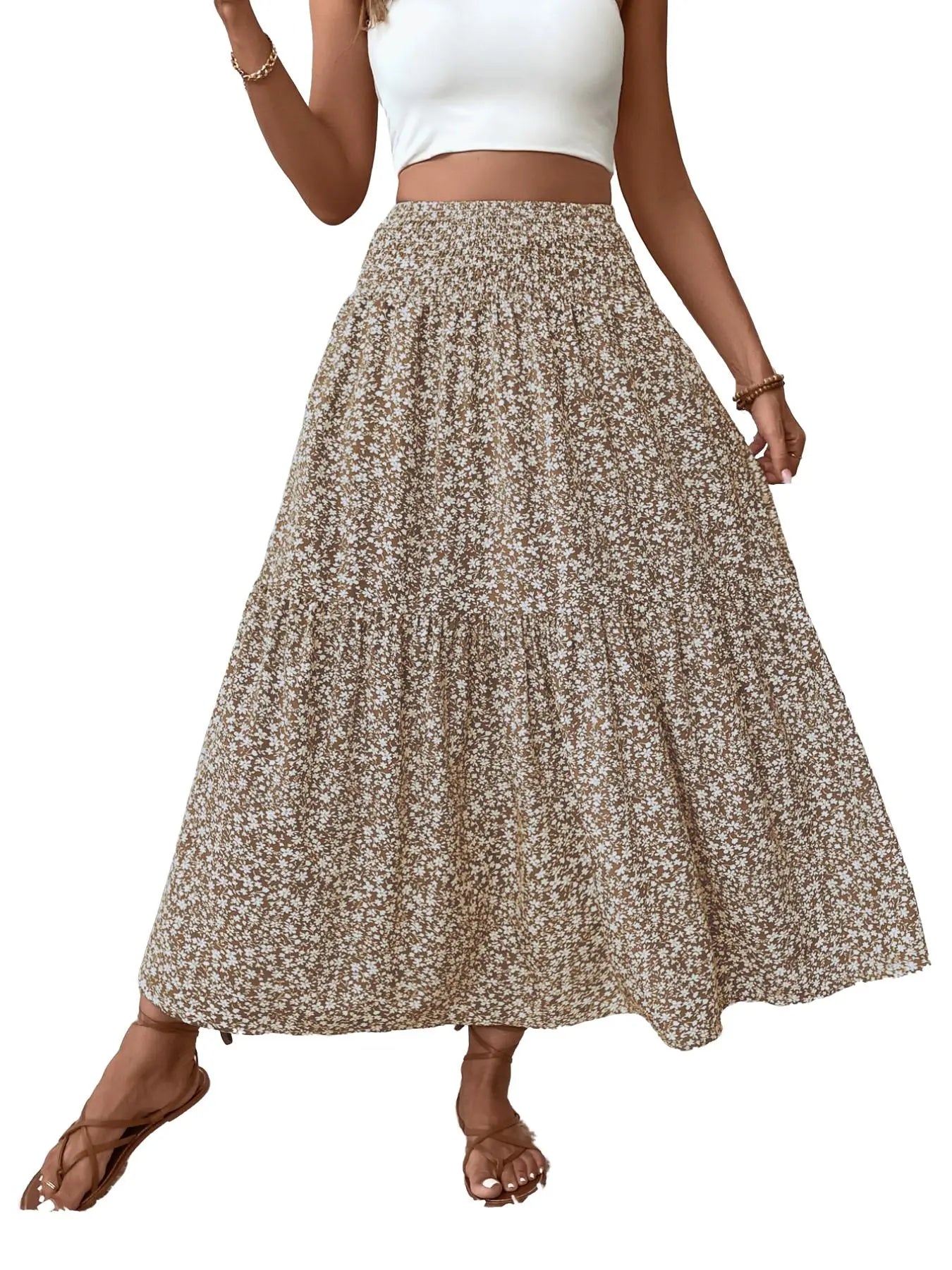 Women's Floral Casual A-Line Skirt, Elastic Waist Pockets, Leaf Hem, Long Fitted Skirt, Fashionable Mid-Length Dress