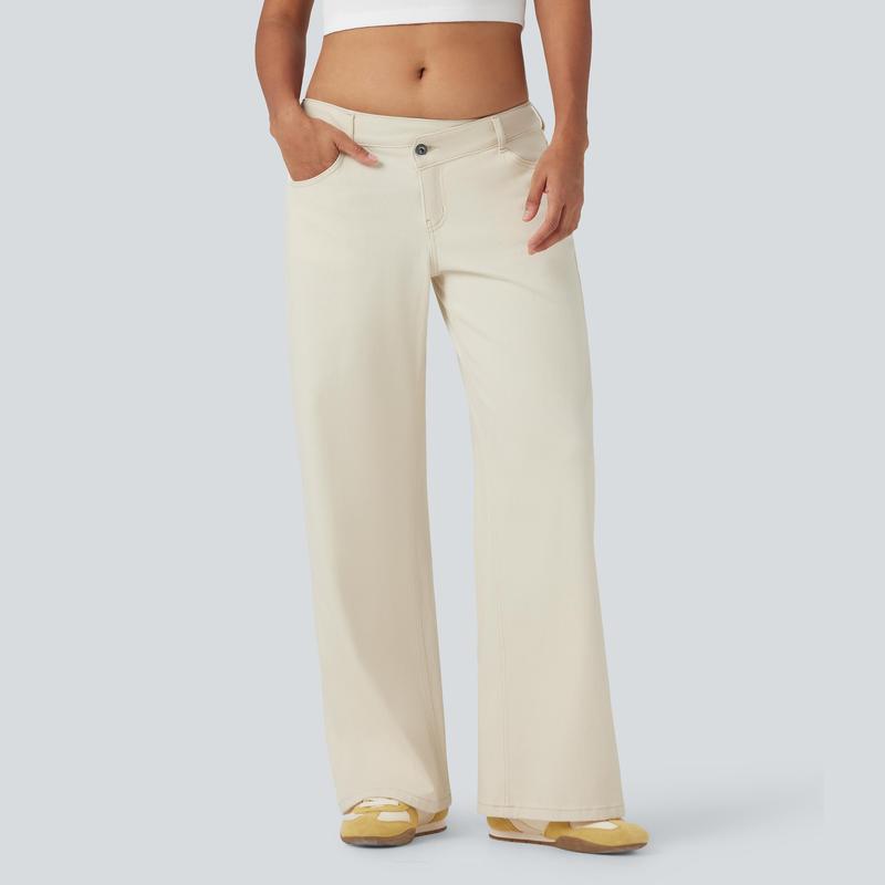 Asymmetric Low Rise Zipper Pockets Baggy Wide Leg Washed Casual Jeans