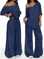 Women's Casual Solid Color Sport Two-Piece Set, Loose Long Pants & Wide Leg Slant Neck Pant Suit, Spring & Fall Fashion