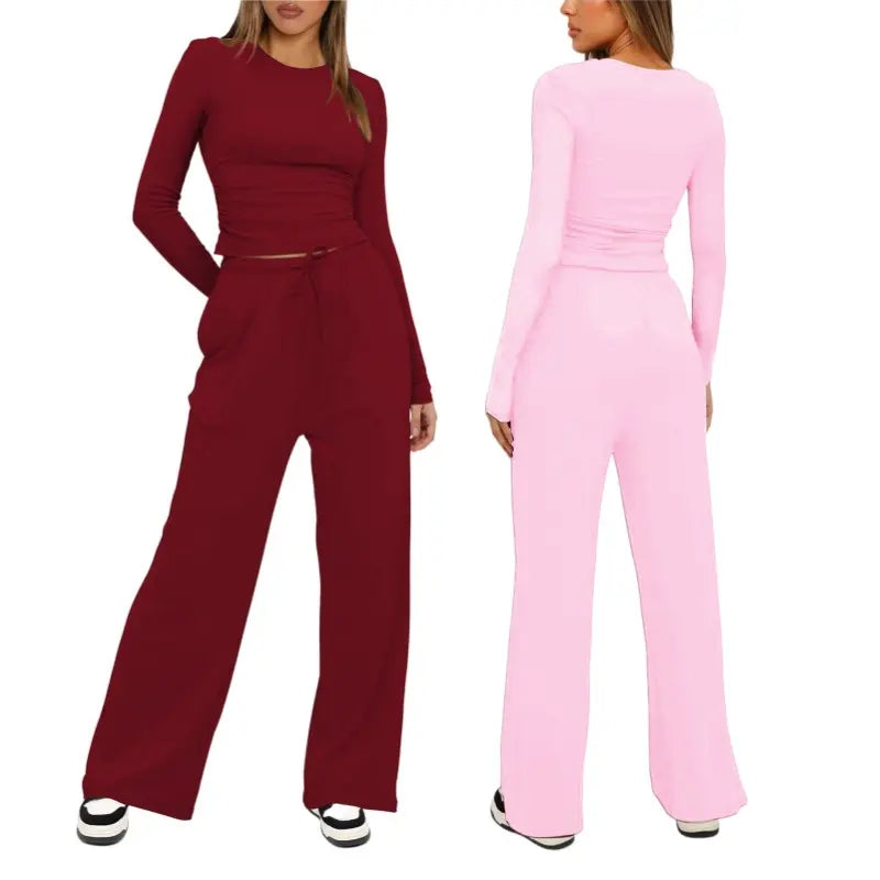 Women's Solid Ruched Drawstring Loungewear Set, Casual Long Sleeve Round Neck Top & Pocket Wide Leg Trousers, Ladies Sleepwear for All Seasons