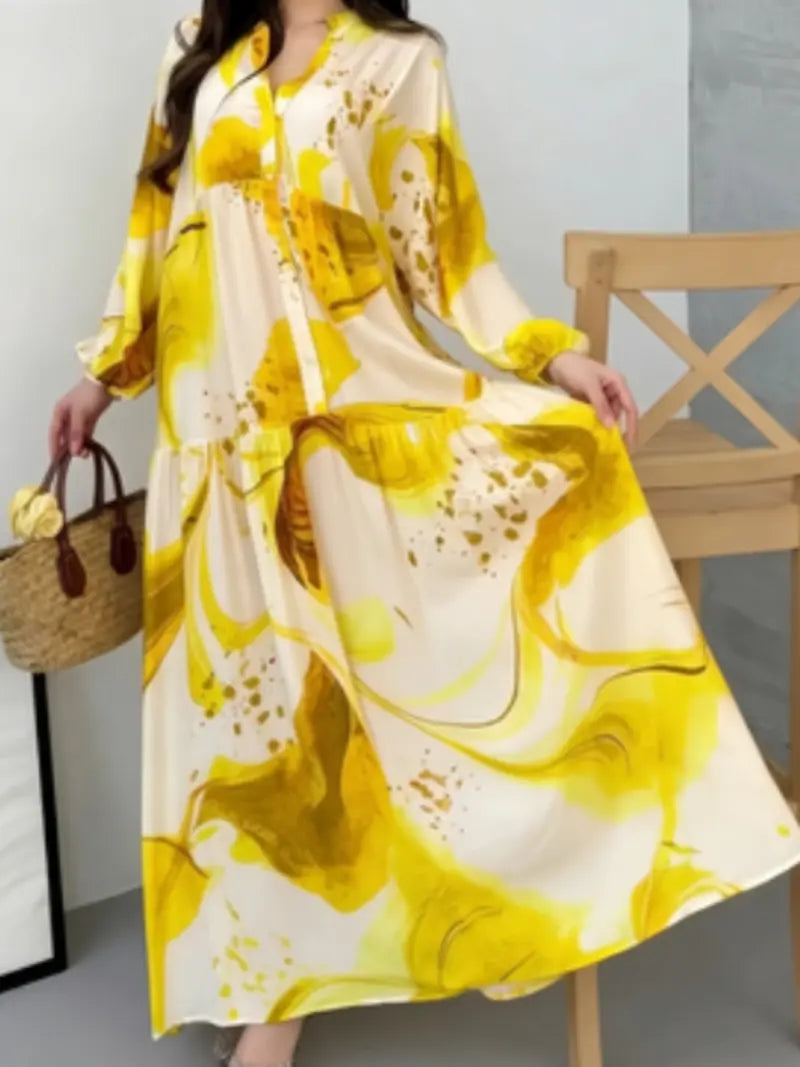 2026 New Floral Long Sleeve Dress, Versatile V-Neck Casual Maxi Dress, Loose Fit Elegant Style for Women