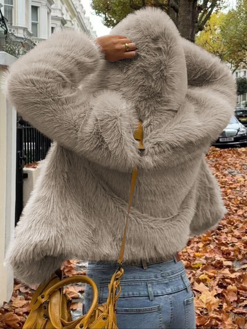 Women's Casual Faux Fur Hooded Jacket Short Style Fall & Winter Wear Moderate Fabric Thickness Fitted Design Coffee Brown Basic Outerwear Coats