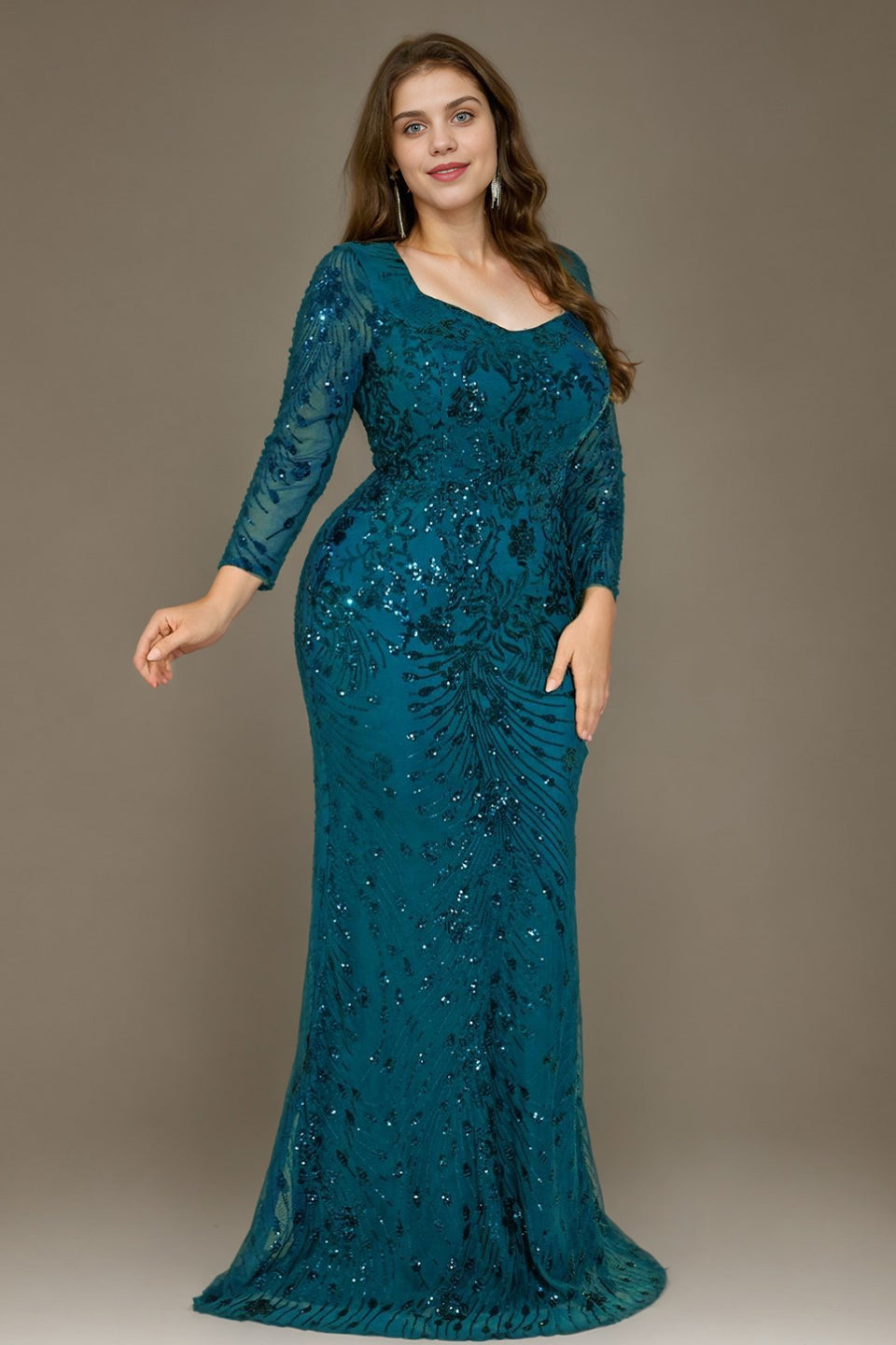 Curveins Plus Size V Neck Long Sleeve Sequin Floral Pattern Elegant Maxi Dress