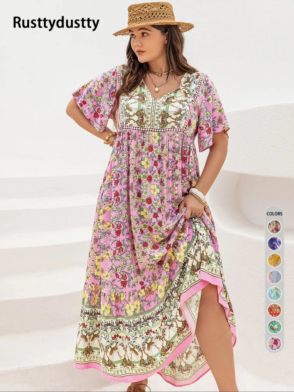 Plus Size Patchwork Floral Print Tie Neck Contrast Lace Ruffle Hem Long Dress, Boho Butterfly Sleeve Smock Dress, Ladies Summer Clothes for Vacation