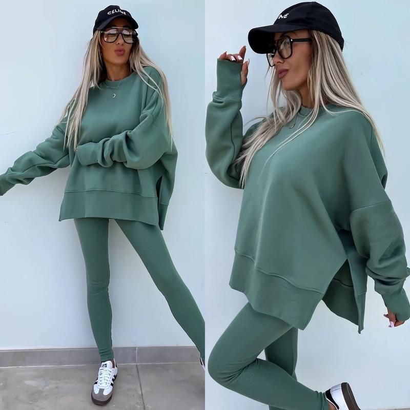 Oversize Two-Piece Set Women's  Split Hem Sweatshirt & Skinny Pants, Casual Fashion Cozy Round Neck Long Sleeve Pullover Women's Clothing for Fall & Basic Winter  Suits Womenswear Gamis