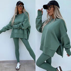 Oversize Two-Piece Set Women's  Split Hem Sweatshirt & Skinny Pants, Casual Fashion Cozy Round Neck Long Sleeve Pullover Women's Clothing for Fall & Basic Winter  Suits Womenswear Gamis