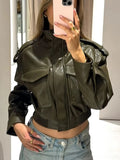 Women's Olive Green Faux Leather Bomber Moto Jacket with Stand Collar and Flap Pockets, Casual Short Layered Streetwear Outerwear