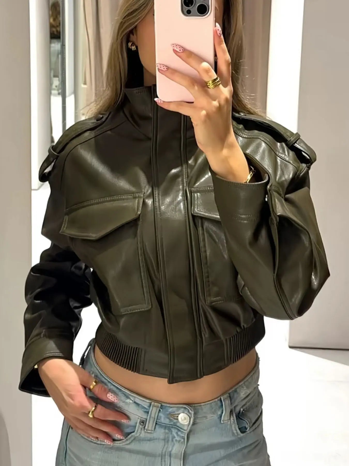 Women's Olive Green Faux Leather Bomber Moto Jacket with Stand Collar and Flap Pockets, Casual Short Layered Streetwear Outerwear