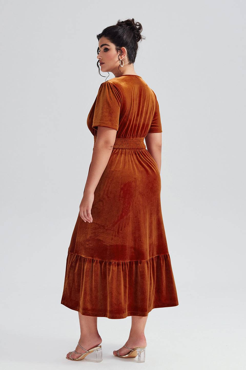 Curveins Plus Size Deep V-Neck Velvet Pocket Elastic Waist Maxi Dress