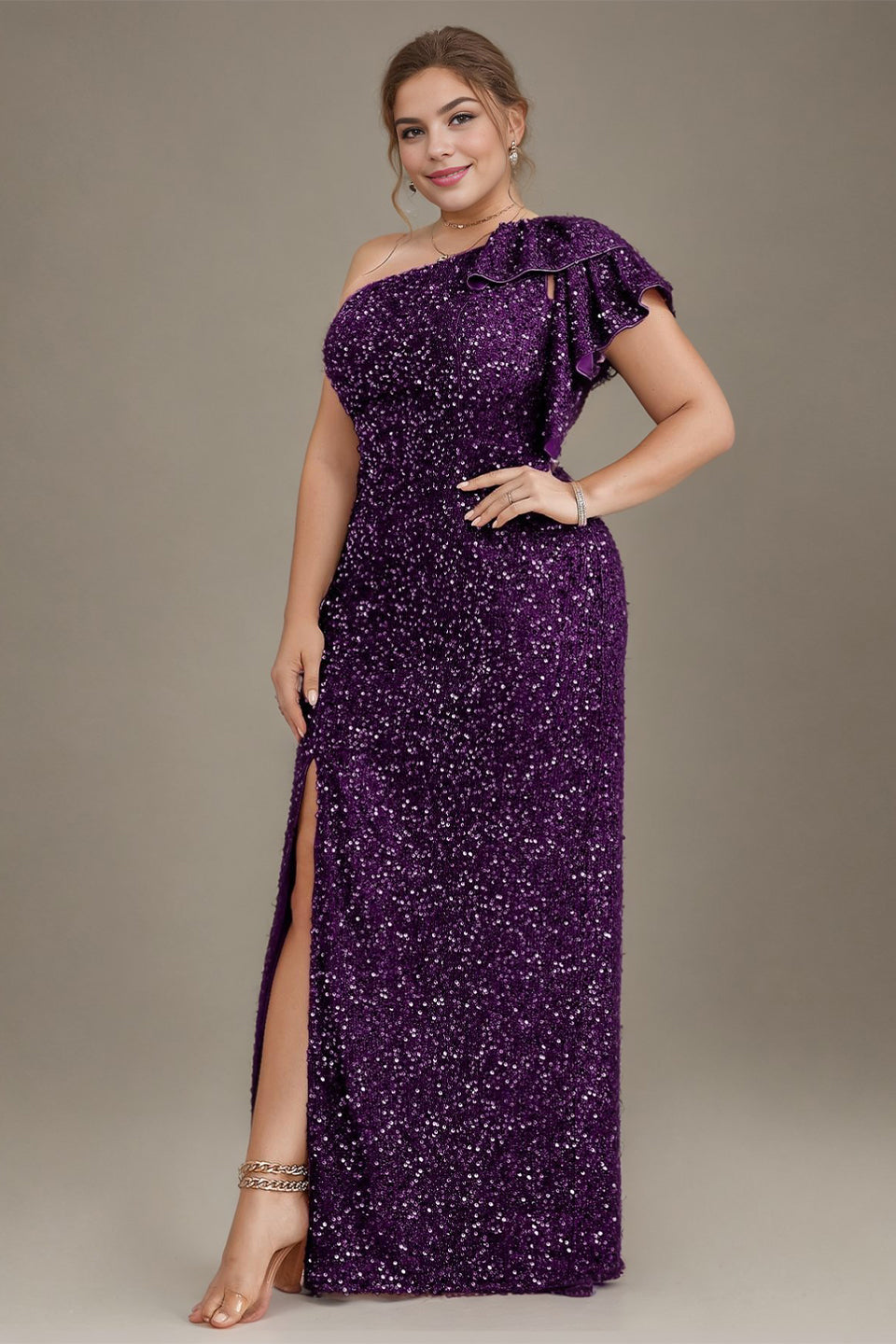 Curveins Plus Size  Sequin One Shoulder Formal Dress