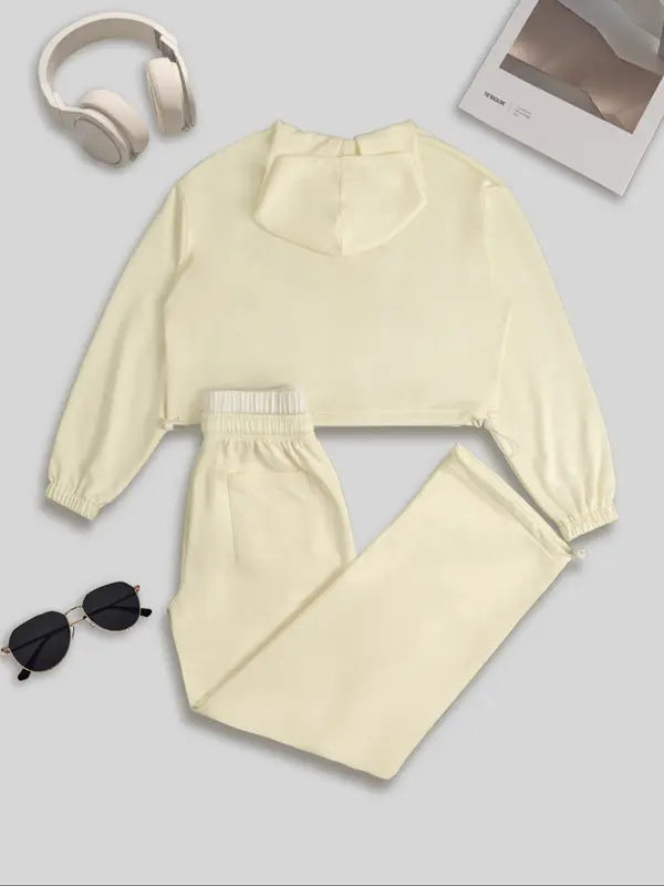 Women's Fashion Solid Color Casual Sports Style Drawstring Waist Hoodie Loose Set