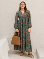 Plus Size Women's Floral Woven Dress, Fall Winter V Neck Tie Back Lace Trim Long Sleeve Maxi Dress, Casual Elegant Fashion