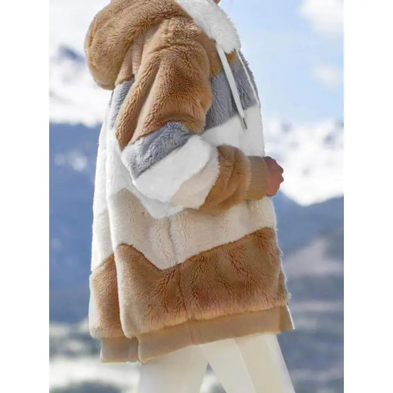 Women's Colorblock Drop Shoulder Hooded Polar Fleece Coat, Fashion Casual Long Sleeve Zip Up Warm Outerwear For Daily Outdoor Wear, Women's Clothing