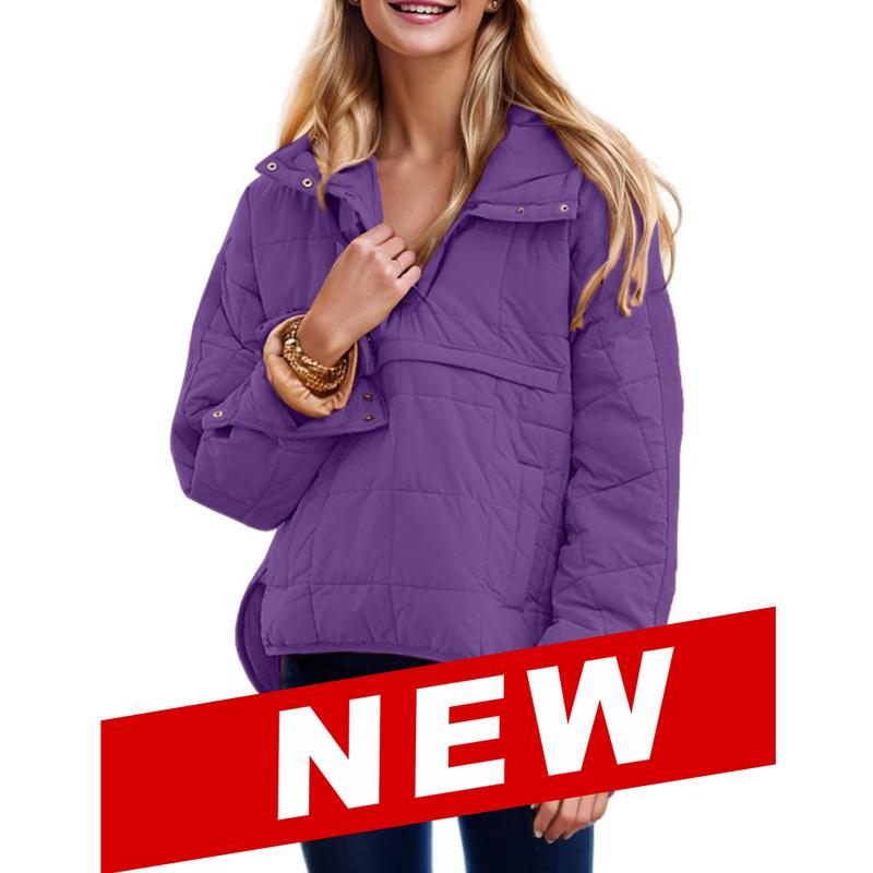 Women's Oversized Puffer Jacket Quilted Dolman Hoodies Pullover Long Sleeve Lightweight Warm Tops with Big Chest Pocket