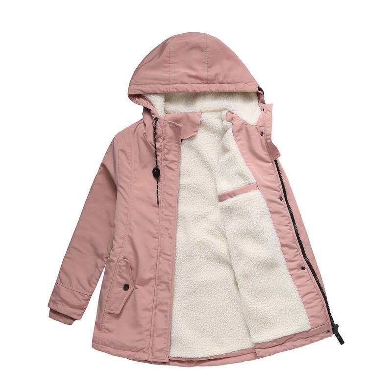 Winter Thickened Cotton Parka with Fleece Lining Hooded Warm Coat Mid-Length Women's Fitted Long Sleeve Outerwear Black Imitation Fur Tops for Casual Basic Minimalist Womenswear Elegance Style - Jackets