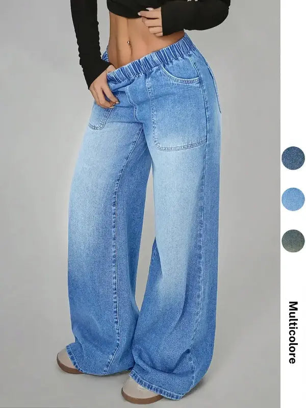 Women's High Waisted Casual Pants, Loose Wide Leg Jeans with Pockets, Elastic Waist, Button Front, All Seasons, Daily Wear
