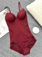 Women's Solid Color Contrast Mesh Sheer Cami Shapewear Bodysuit, Adjustable Strap Tummy Control Shapewear for All Seasons