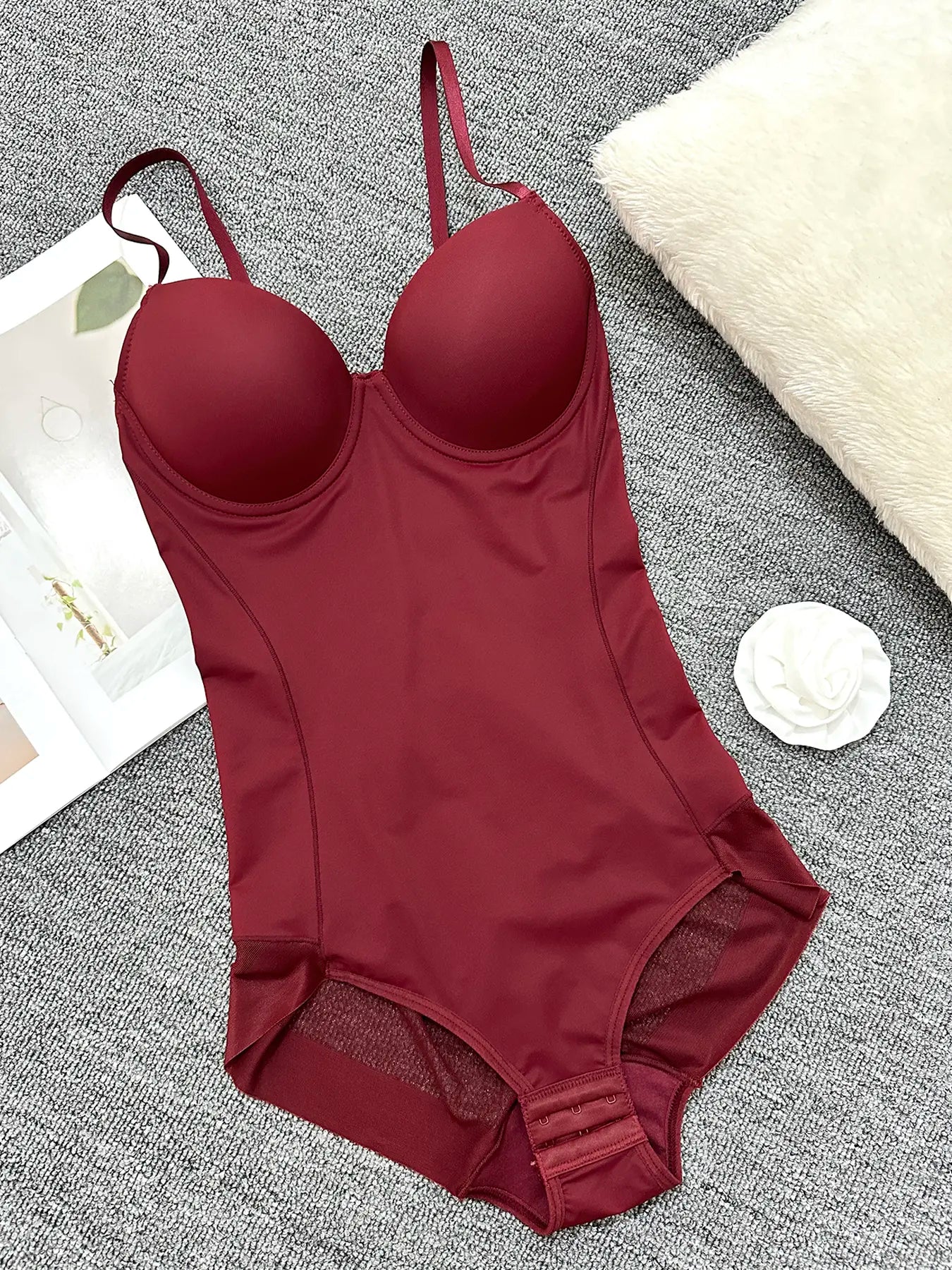 Women's Solid Color Contrast Mesh Sheer Cami Shapewear Bodysuit, Adjustable Strap Tummy Control Shapewear for All Seasons