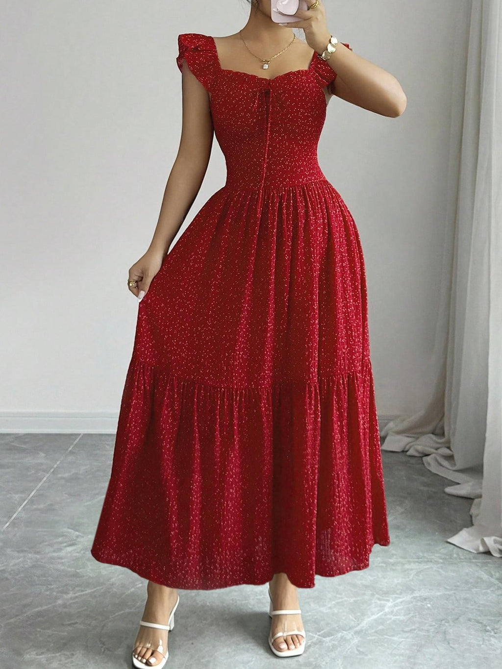 1 Piece Spring & Summer Ruffled Square Neck Polka Dot Maxi Dress
