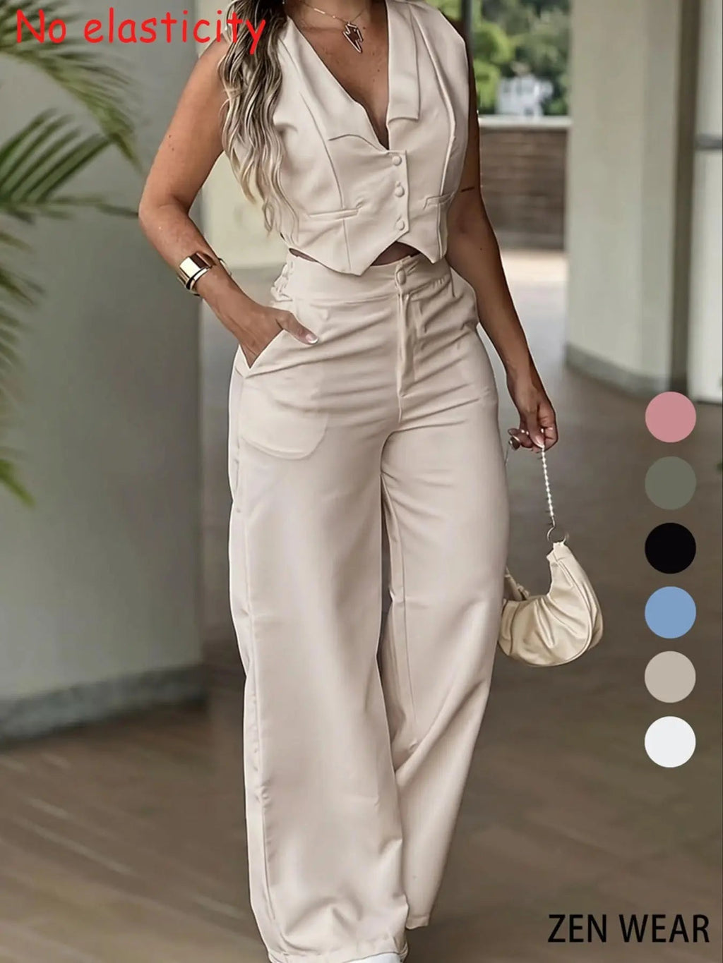 New Women's Pants Set, Sleeveless Waist Cinching Vest Set, Wide Leg Pants, Elegant Office Lady Commuter Two-Piece Suit