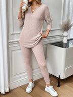 2pcs/Set Women's Casual  Plush Rib-Knit Long Sleeve T-Shirt And Leggings Suit, Autumn/Winter