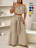 Women's solid-color wide-leg pant set, casual off-shoulder top and palazzo pants for summer, beach vacation wear for women.