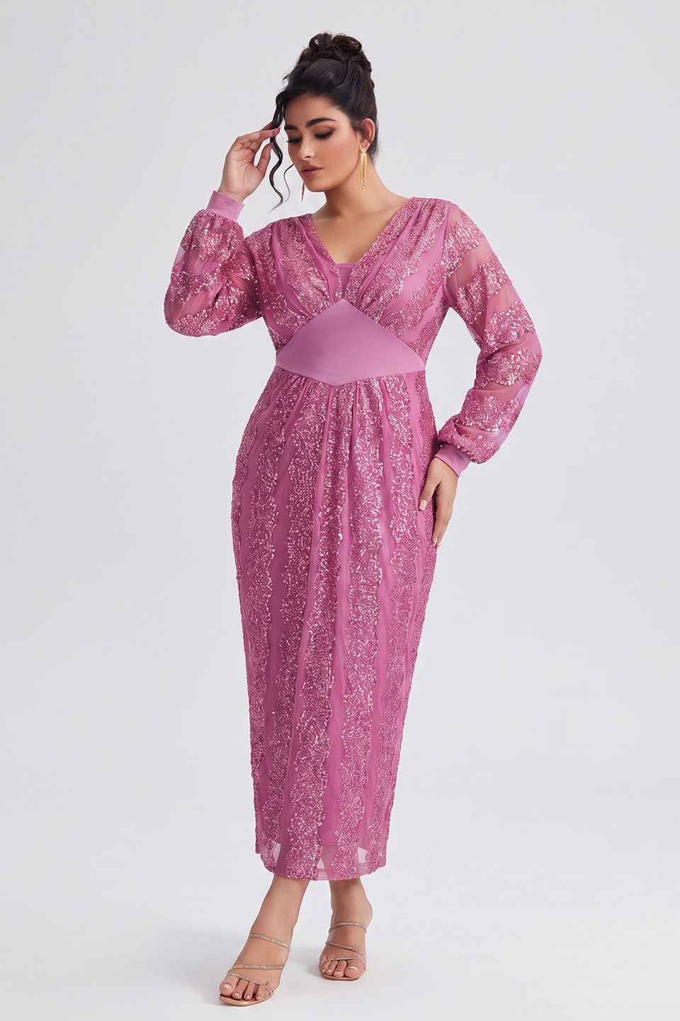 Curveins Plus Size V-Neck Sequin Balloon Sleeve Back-Slit Elegant Evening Maxi Dress