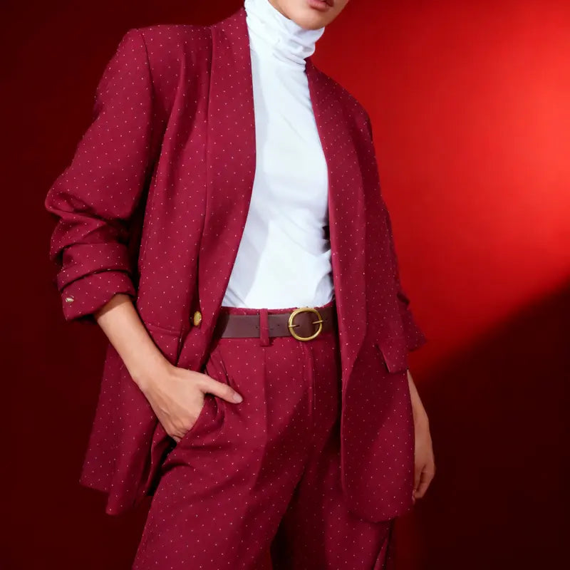 Complete Jacket and Trousers Set with Micro Sequins, 2-piece set with belt, Women's One Size, Elegant and Versatile